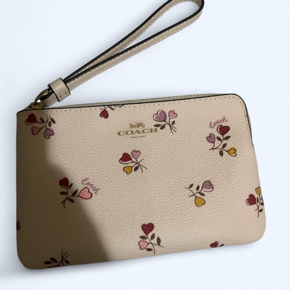 COACH Beige Floral Print Leather Wristlet with Gold Logo